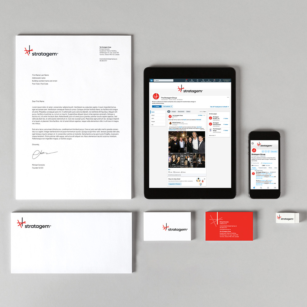 Stratagem products letterhead, web page, business card